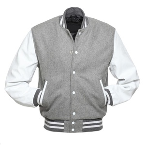 Chaqueta Varsity de lana Mangas de cuero de oveja de vaca genuina Chaqueta de invierno con cuello levantado informal Cierre de botón de cuerno Servicio teñido OEM - Product Image 1