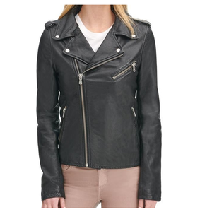 Nuevas camisetas de moda de otoño para mujer, venta al por mayor, chaqueta de cuero de motocicleta de piel de oveja negra con cremallera, prendas de vestir exteriores de talla grande - Product Image 1