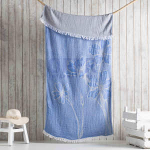 Flora-Serviette turque bleue 100% coton-Couverture de plage de pique-nique, couvre-lit, serviette tissée Jacquard à usage multiple. - Product Image 4