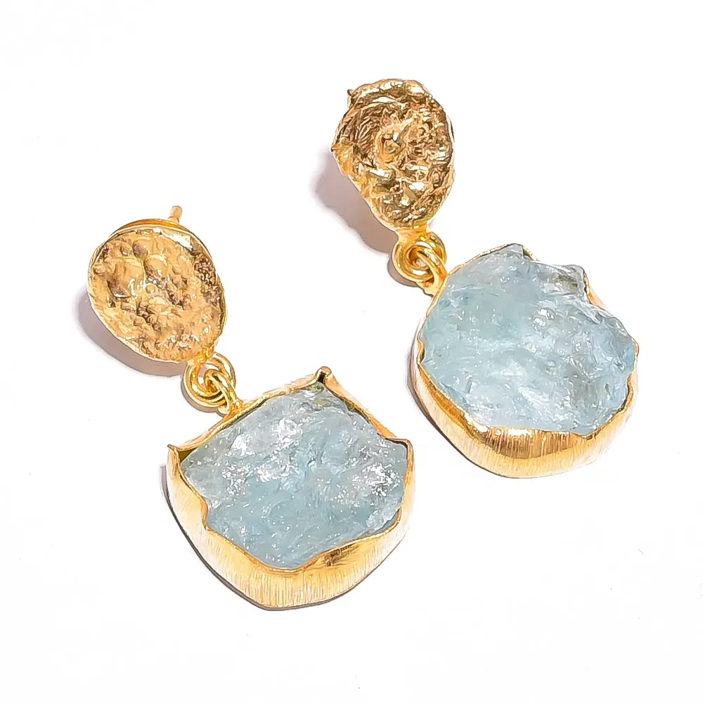 Moda Bellezza Forma di Fantasia Grezzo Aquamarine Della Pietra Preziosa Orecchini In Ottone, Indiano Placcato Oro Dei Monili In Ottone