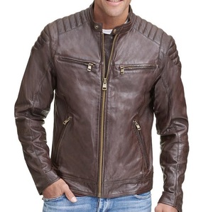 Veste en cuir à épaules matelassées Veste de moto de style motard en cuir véritable Vêtements d'extérieur à la mode classiques - Product Image 2
