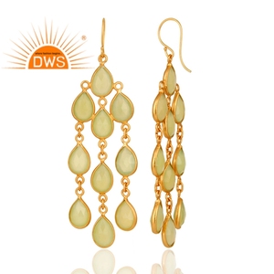 Boucles d'oreilles pendantes en argent plaqué or 18 carats avec pierres précieuses de préhnite et de calcédoine pour filles, vente en gros de bijoux - Product Image 2