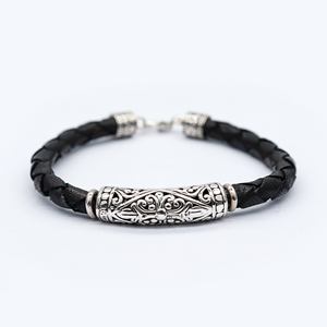 Bali 925 plata esterlina combinada con pulsera de cadena y eslabones de cuero genuino de calidad súper fina para hombres - Product Image 1