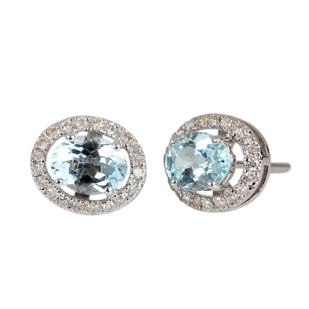 Veri orecchini a bottone con diamanti naturali in oro 14 carati genuino acquamarina gemma minimalista Stud Fine Jewelry grossista