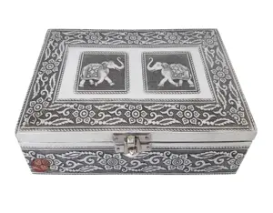 ANTIQUE Twin Elephant DESIGNED, SILVER METAL FINISH, WOODEN HANDMADE JEWELRY GIFT BOX (8 "x 5" x 2 "INCH)