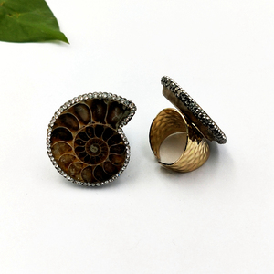 Bague classique en pierre fossile naturelle, coquille de conque d'ammonite véritable brillante, pour femmes et hommes, taille ajustable, bijoux en <span class=keywords><strong>strass</strong></span> - Product Image 2