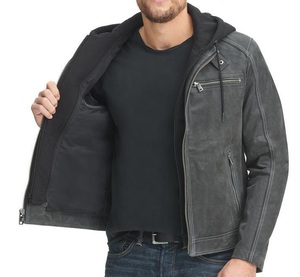 Chaqueta de cuero con capucha estilo chaqueta motorista de motocicleta chaqueta de moda de cuero real clásico - Product Image 4