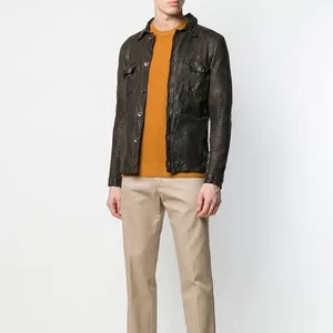 slim fit Brown leather crushed textured shirt jackets with premium quality zipper top jackets