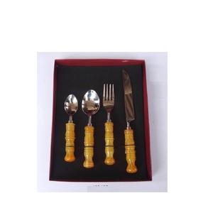 Juego de cubiertos de acero de alta calidad, espejo pulido con mango de madera estriado, cubiertos, vajilla, Juego de 4 Uds. - Product Image 4