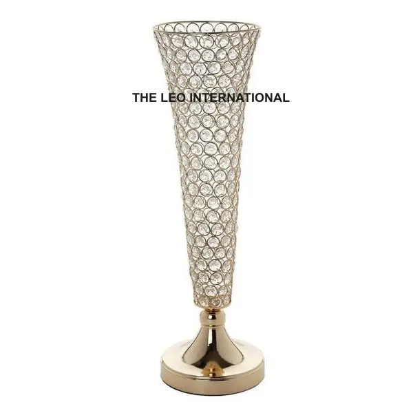 Vas bunga manik-manik kristal berlian imitasi akrilik pelapis emas logam baja 5X5X16 inci vas panjang dekorasi pernikahan