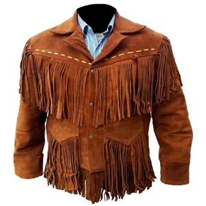 New Men Brown Suede Western Cowboy Style Leather Jacket With Bones and Breads Custom Logo