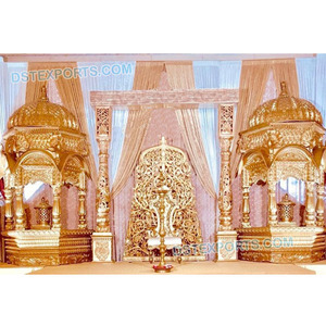Majestuoso escenario dorado tradicional para Bodas de Sri Lanka Material de fibra real inspirado en la configuración del escenario de boda Maharaja - Product Image 1
