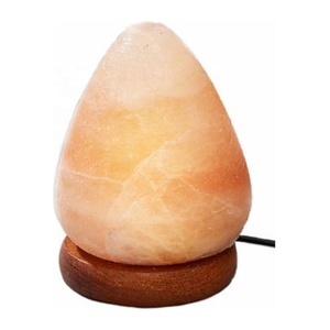 Lampe de sel rose en cristal de l'Himalaya Gradateur décoratif en forme de goutte de pluie et base en bois Style sculpté pour le thème Feng Shui - Product Image 1