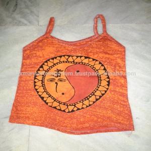 Camisetas batik sin mangas de algodón de color sólido Dioses hindúes Impreso Transpirable Longitud corta Ropa de mujer al por mayor de La India - Product Image 5