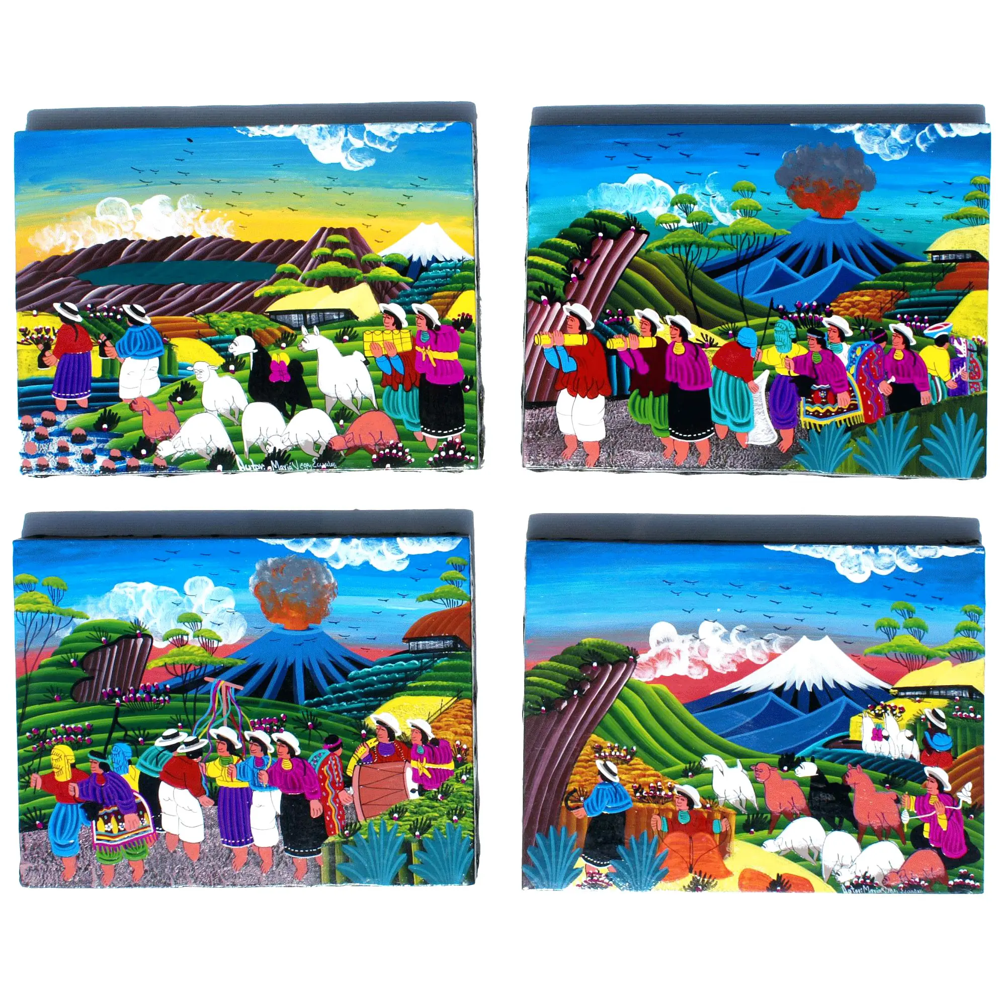 Pittura indiana Tigua Tela di canapa di Arte Della Parete Etnico Tribale Dipinto A Mano Da Collezione Artigianato Popolare Opera D'arte Della Decorazione Ecuador