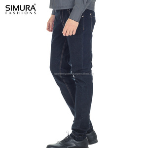 SIMURA Men's Slim Fit Dark Blue Cotton <b>Jeans</b> Mid <b>Waist</b> Casual Straight Leg Washed Denim Pants - Product Image 2