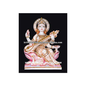 Saraswati de mármol blanco Makrana con Veena y pavo real en Color dorado Idol para habitación, hogar. Estatuas decorativas para oficina, templo - Product Image 1