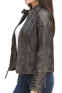 Veste de motard pour femmes à l'allure sportive bon marché en gros en cuir véritable beige foncé veste de conception personnalisée nouvelles arrivées - Product Image 4