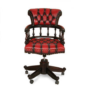 Silla de oficina giratoria de madera de caoba con asiento de cuero - Product Image 3