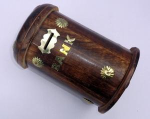 ทองเหลืองไม้กล่องเงินตกแต่งรูปทรงกระบอกกระปุกออมสินกับล็อค - Product Image 3