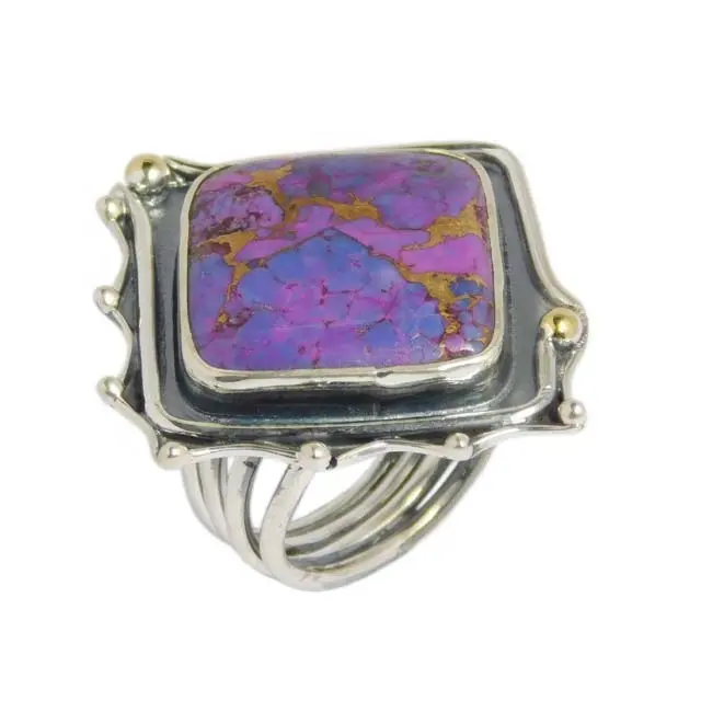 Elegante genuino púrpura cobre turquesa piedra preciosa anillo 925 joyería de plata esterlina mayorista
