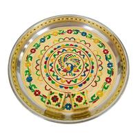 ASSIETTE DÉCORATIVE MEENAKARI EN ACIER INOXYDABLE PEACOCK/PUJA THALI-GOLDEN MEENA AVEC 2 GOBELETS (11 "X 11" X 0.75 "POUCES)