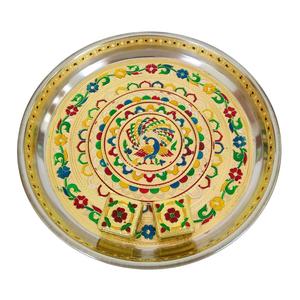 PLACA DECORATIVA MEENAKARI DE ACERO INOXIDABLE DISEÑADO POR PAQUETE DE REAL/PUJA DE MEENA CON 2 VASOS (11 "X 11" X 0,75 "PULGADAS) - Product Image 1