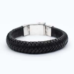 Bali 925 Sterling Silver <b>Leather</b> Chain & Link Trendy <b>Black</b> <b>Bracelet</b> for <b>Men</b> 20cm - Product Image 2