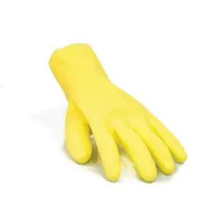 Malaysia production quality yellow natural rubber hand gloves for washing medium size for women men cotton lined sweat absorb