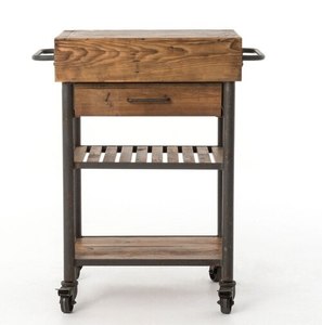 Chariot îlot de cuisine industriel Chariot plate-forme en bois et fer récupérés Chariot à bar à quatre roues avec tiroir - Product Image 2