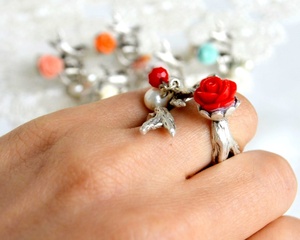 Vintage Turkish Bohemian Sterling Silver Opal Engagement <b>Ring</b> with Red Rose Branch Design Antique Gold Plated Coral Boho Style - Product Image 4