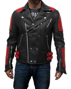 男士摩托自行车皮夹克，黑色红色拉链时尚经典皮夹克可选