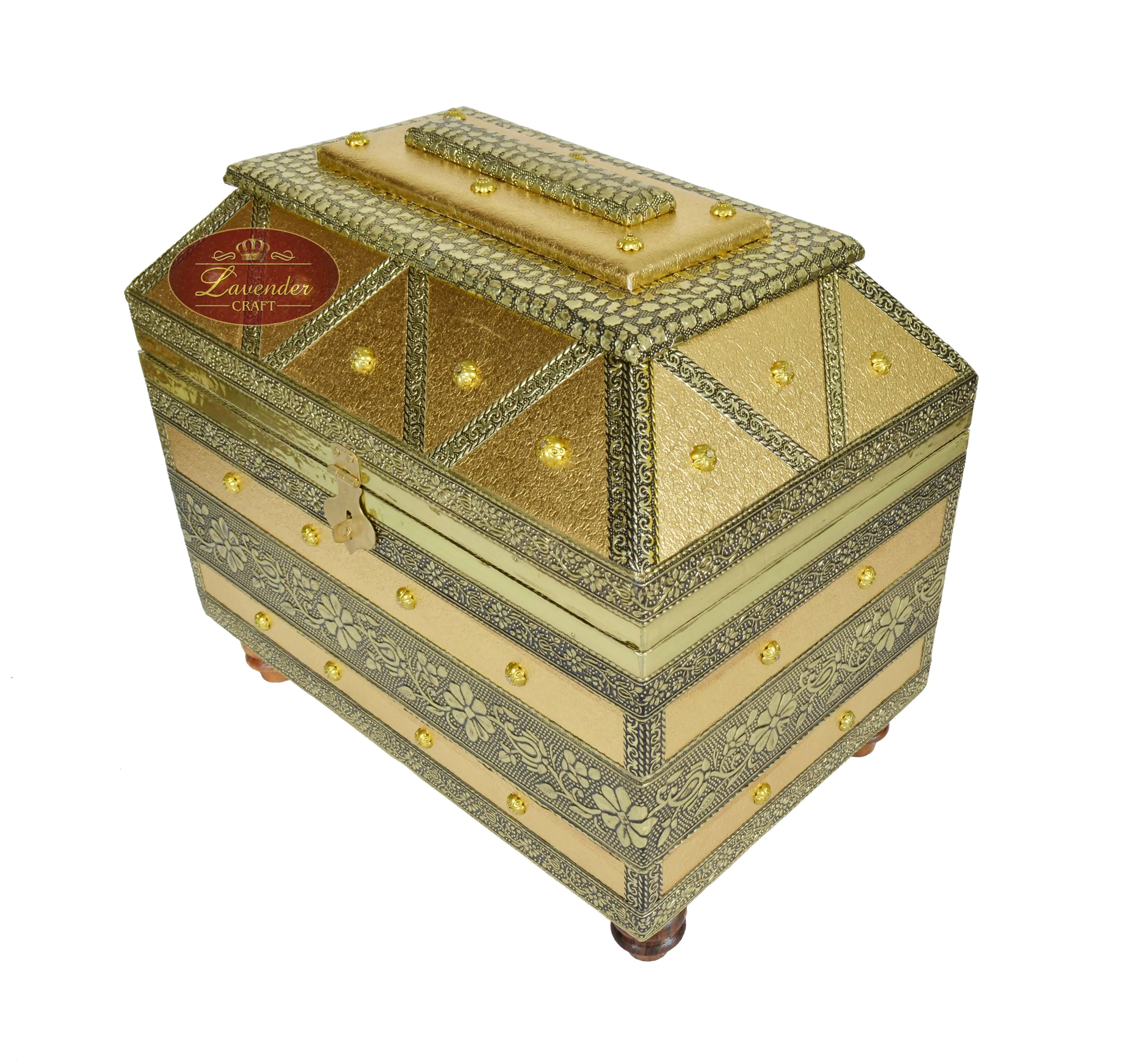 BIG TREASURE CHEST (RAJWADI PITARA) สไตล์หนังเทียมเสร็จสิ้น,ไม้ HANDMADE อัญมณีกล่อง (12 "X 8" X 8 "นิ้ว)-GOLDEN