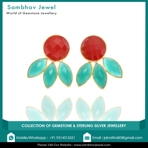 Boucles d'oreilles clous en argent sterling 925 avec pierre précieuse onyx vert naturel, fabrication artisanale vintage, plaqué or 18 carats, pour fiançailles et mariage - Product Image 4