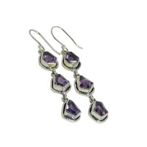 Handmade 925 <b>Sterling</b> <b>Silver</b> Dangle <b>Earrings</b> Elegant Vintage Style Purple Amethyst Gemstone <b>Drop</b> <b>Earrings</b> For Party Gift Her - Product Image 1