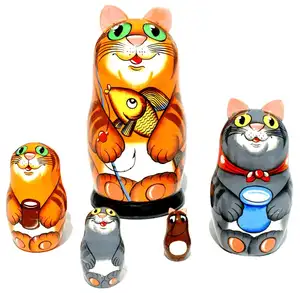 Cat Nesting Dolls Hand Painted Colored Wooden Russian Matryoshka, Pets Wood Hand Carved Russia Crafts Ethnic Art for Sale