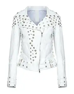 新女性全白朋克镶钻独特设计的白兰度皮夹克女式自行车夹克，带绗缝粘胶纤维衬里