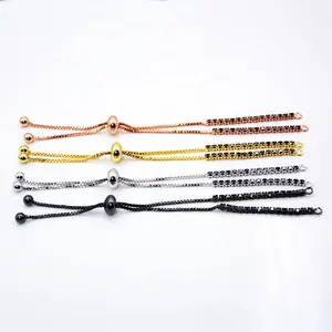 Adjustable Box Chain Bracelet Finding Black CZ Crystal 10" Connector Chains Lead Free Rose Gold Silver Gunmetal Plated