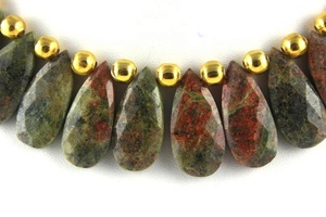 เครื่องประดับทำมืออัญมณีรูปลูกแพร์,ลูกปัด Briolette แท้16ชิ้นทำจากหิน Unakite Jasper ธรรมชาติ1เส้น - Product Image 3