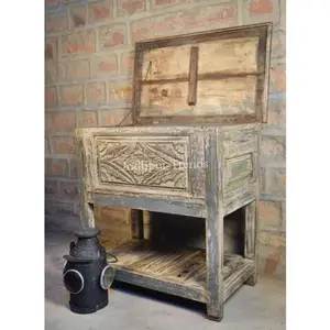 Carved Antique Wooden Small Living Room Console Table Cum Box / Small Trunk Box