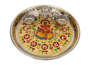 GANESHA DESIGNED STAINLESS STEEL MEENAKARI DECORATIVE PLATE/ PUJA THALI-SILVER MEENA WITH 5 TUMBLERS (11" X 11" X 0.75" INCHES) - Product Image 3