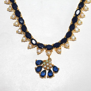 Boucles d'oreilles en saphir bleu et perle plaqué or, pendentifs et collier, ensemble de bijoux, 29.30g, livraison gratuite - Product Image 1