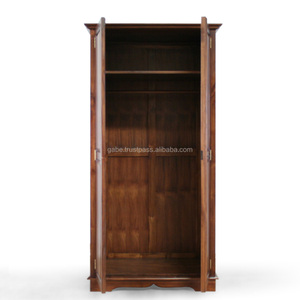 <b>Antique</b> Two-Door Teak Wood <b>Wardrobe</b> with Walnut Finish Folding Bedroom Furniture for Home or Hotel Use - Product Image 2