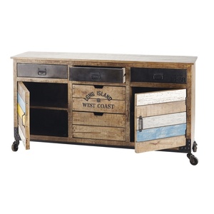 Vintage Solid Mango & Recycle Reclaimed Wooden Industrial <b>Furniture</b> 2 Door Five Drawers Buffet Cabinet Sideboard on <b>Castors</b> - Product Image 2