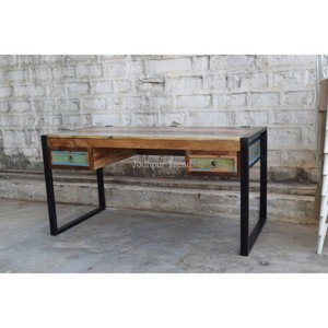 Modern Industrial-Style Reclaimed Wood <b>Study</b> Table with 2 Drawers and Iron Frame Jodhpur Trends Model JTX-287 - Product Image 1