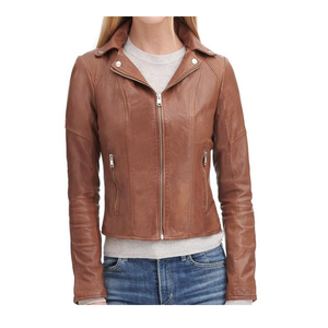 Venta al por mayor de moda de las mujeres chaqueta de cuero de motorista real Beige oscuro aspecto deportivo diseño personalizado barato recién llegados - Product Image 1