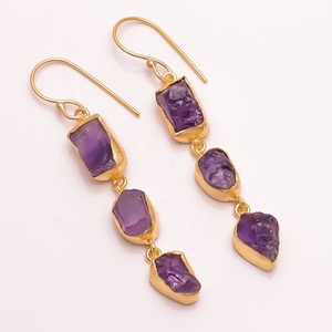 Beautiful Natural Fancy Shape Amehyst Gemstone Brass <b>Earrings</b>, Indian <b>Gold</b> Plated Brass Jewelry - Product Image 1