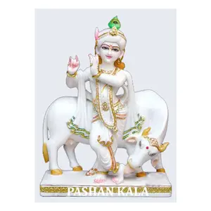 Belle statue de Krishna debout en marbre blanc avec vache - Product Image 1