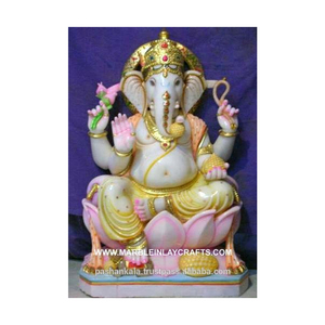 Statue de fleur de Lotus en marbre blanc, cirée, fait à la main, seigneur Ganesha Ji, siège religieux, artisanal - Product Image 1