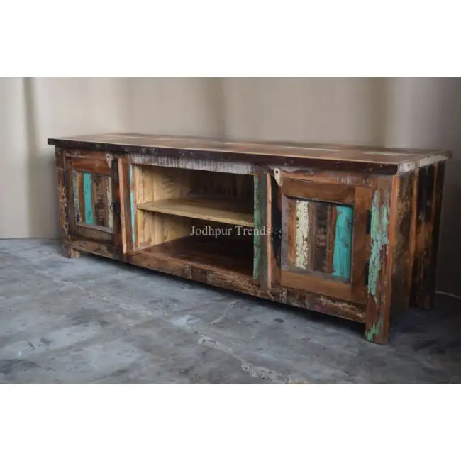 Indian Style Industrial solid distressed Reclaimed wood 2 drawer 2 Rack entertainment TV Cabinet Unit